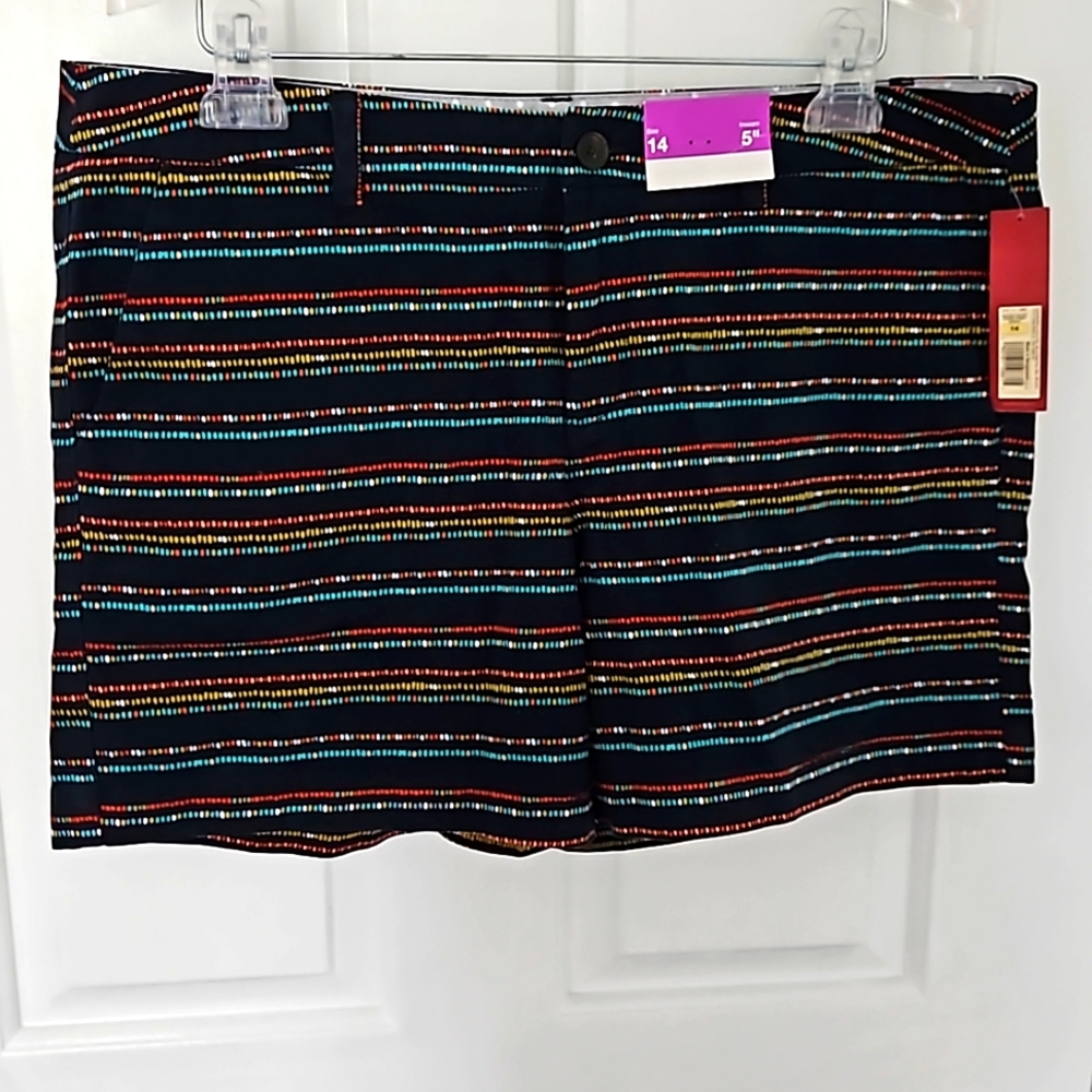 NWT MERONA Women's Cotton Shorts Black/Multi Color Stripes Size 14